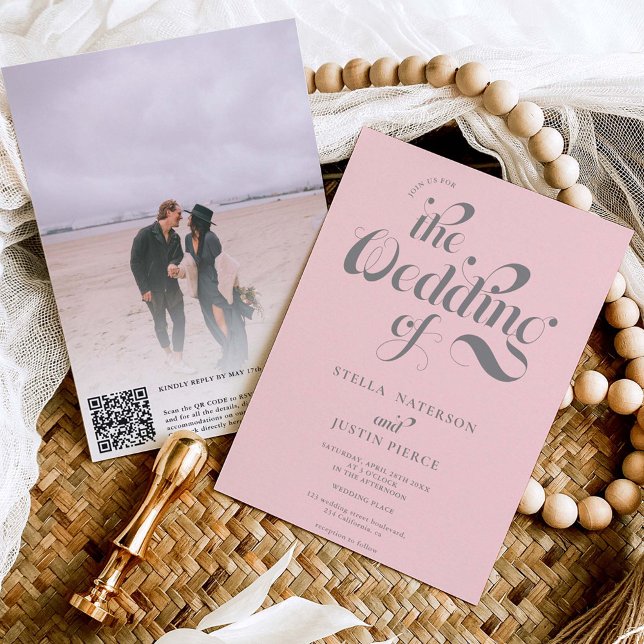Retro photo pale pink script wedding Qr code Invitation (Creator Uploaded)