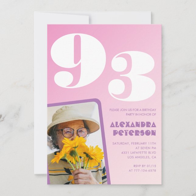 Retro Photo Pink 93rd birthday Invitation (Front)