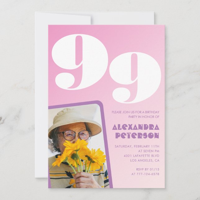 Retro Photo Pink 99th birthday Invitation (Front)