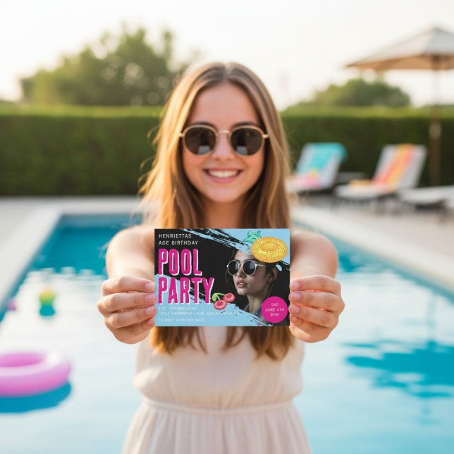 Retro photo Pool Party Birthday QR Code RSVP Invitation (Creator Uploaded)