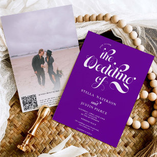 Retro photo purple script wedding Qr code Invitation