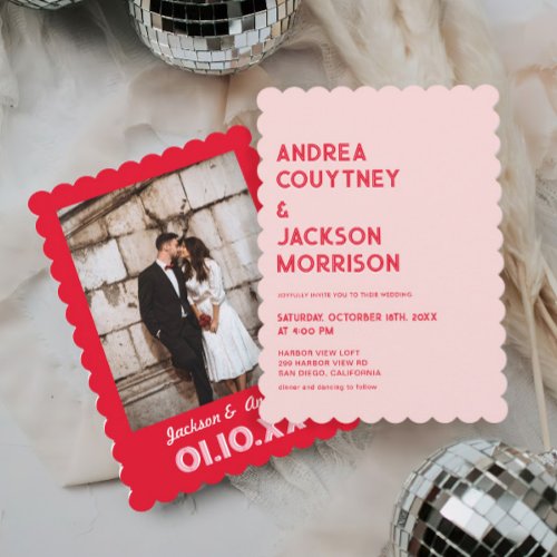 Retro Photo Red and Pink Wedding  Invitation