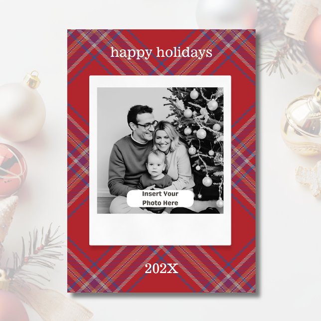 Retro Photo Style Plaid Personalized Christmas Holiday Card (Modern Retro Photo Style Personalized Flat Christmas Card. Red Tartan.)