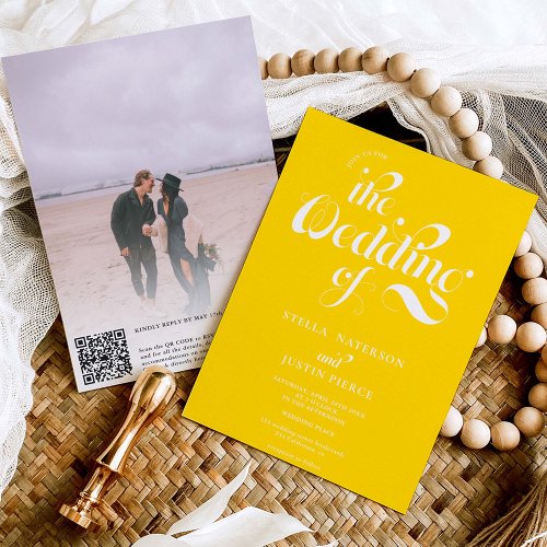 Retro photo yellow script wedding Qr code Invitation