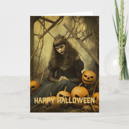 Retro Photography Halloween cute bad witch girl Holiday Card