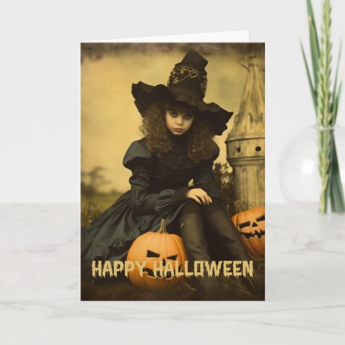 Retro Photography Halloween cute bad witch girl Holiday Card