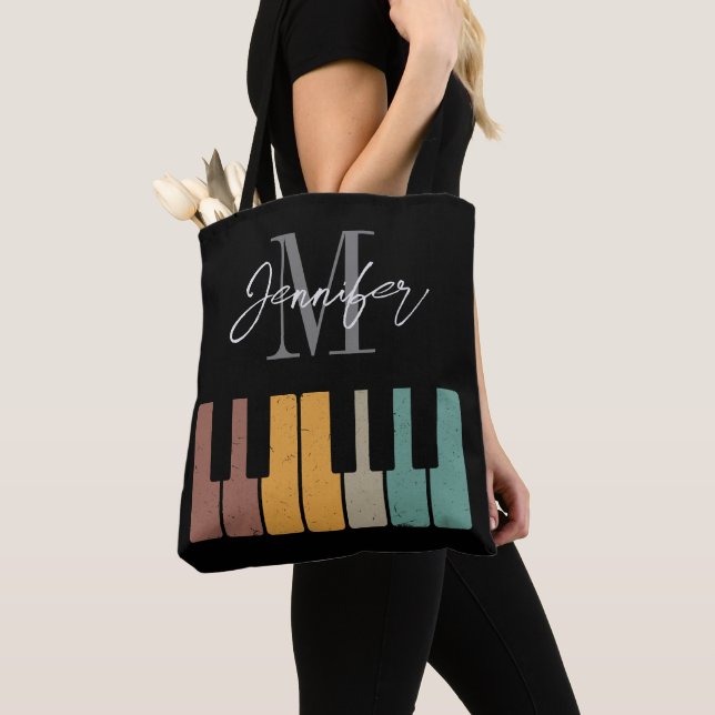 Retro Piano Monogram Name Personalized Tote Bag (Close Up)