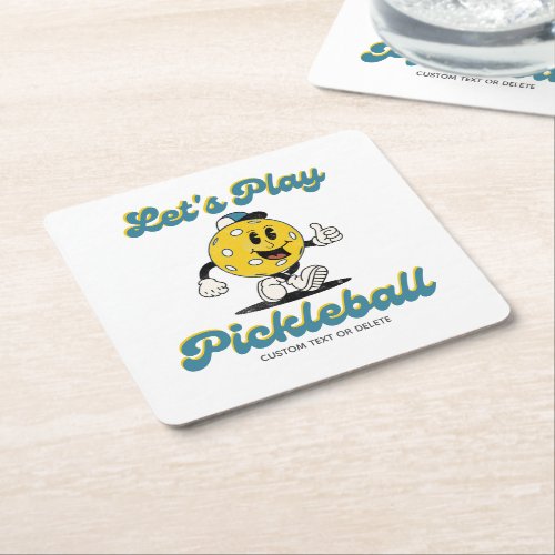 Retro Pickleball Cartoon Mascot Personalized Text Square Paper Coaster