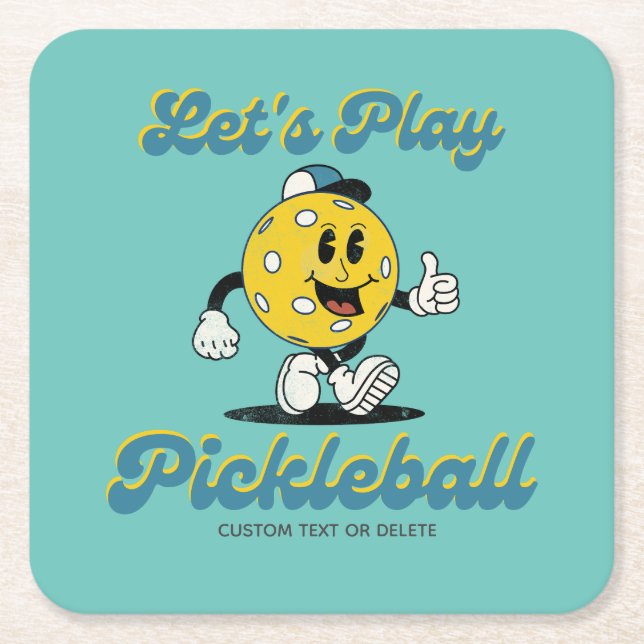 Retro Pickleball Cartoon Mascot Personalized Text Square Paper Coaster (Front)