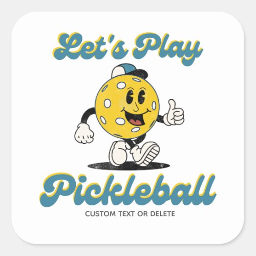 Retro Pickleball Cartoon Mascot Personalized Text Square Sticker