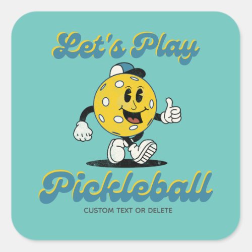 Retro Pickleball Cartoon Mascot Personalized Text Square Sticker