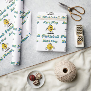 Retro Pickleball Cartoon Mascot Personalized Text Wrapping Paper