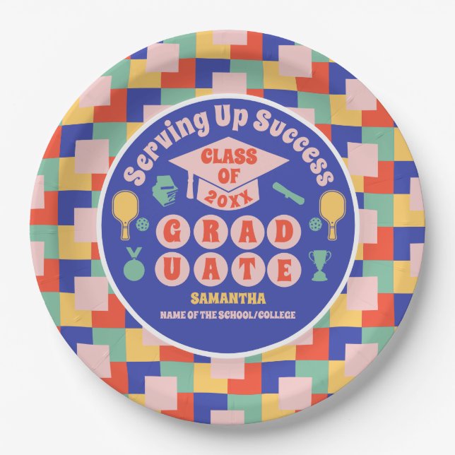 Retro Pickleball Graduation Party Paper Plates (Front)