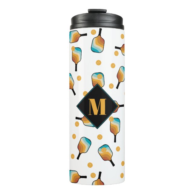 Retro Pickleball Paddles & Ball Pattern Monogram Thermal Tumbler (Front)