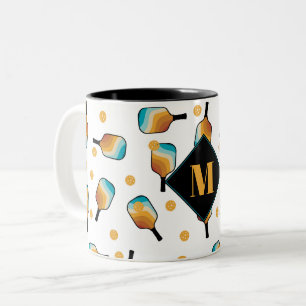 Retro Pickleball Paddles & Ball Pattern Monogram Two-Tone Coffee Mug