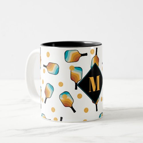 Retro Pickleball Paddles  Ball Pattern Monogram Two_Tone Coffee Mug