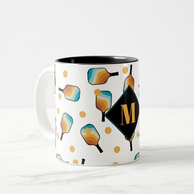 Retro Pickleball Paddles & Ball Pattern Monogram Two-Tone Coffee Mug (Front Left)