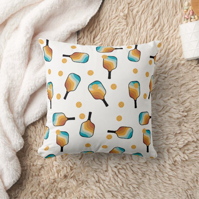 Retro Pickleball Paddles & Ball Pattern Throw Pillow (Blanket)