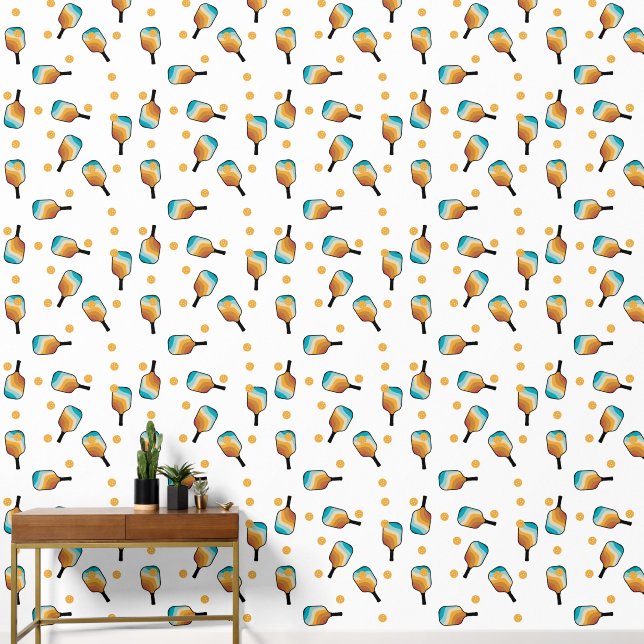 Retro Pickleball Paddles & Ball Pattern Wallpaper (Hallway)