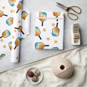 Retro Pickleball Paddles & Ball Pattern Wrapping Paper