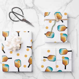 Retro Pickleball Paddles & Ball Pattern Wrapping Paper Sheets