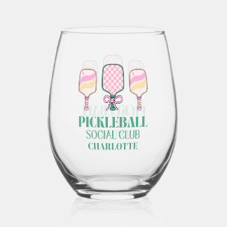 Retro Pickleball Social Club Birthday Stemless Wine Glass