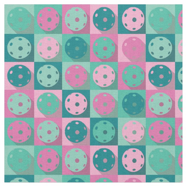 Retro pickleballs on squares repeated pattern fabric (Close Up)