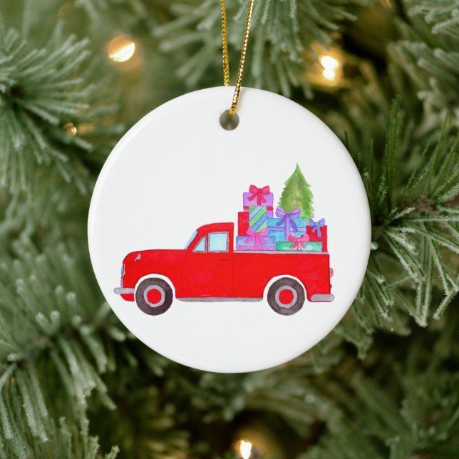 Retro Pickup Truck with Christmas Gifts Ceramic Ceramic Ornament (Tree)
