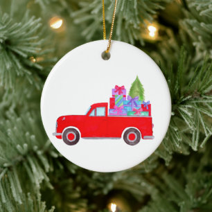 Retro Pickup Truck with Christmas Gifts Ceramic Ornament