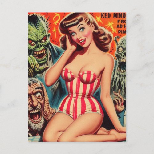 Retro Pin_up and Monsters Postcard
