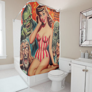 Retro Pin-up and Monsters Shower Curtain
