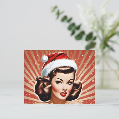 Retro Pin Up Girl Christmas Holiday Postcard