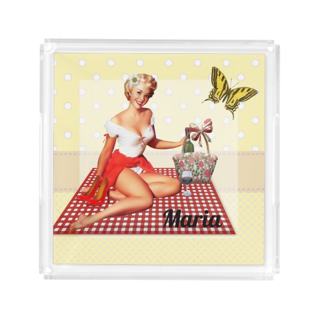 Retro pin up girl on a red plaid picnic blanket, acrylic tray (Front)