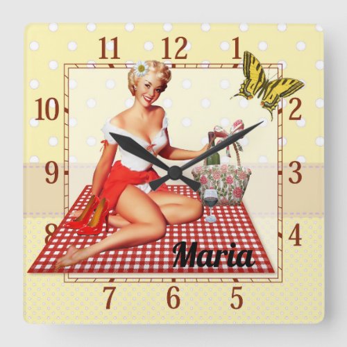 Retro pin up girl on a red plaid picnic blanket square wall clock