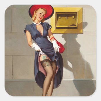 Retro Pin-up Girl Square Sticker by PinUpGallery at Zazzle