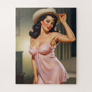 Retro Pin-up Girl with Cowboy hat Jigsaw Puzzle