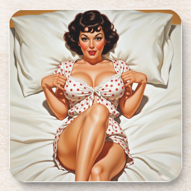 Retro Pin-up Girl with Red Polka Dot PJ's Beverage Coaster (Front)