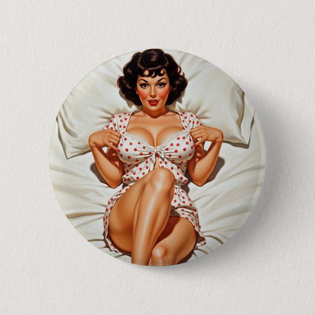 Retro Pin-up Girl with Red Polka Dot PJ's Button (Front)