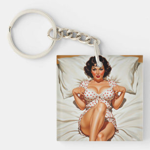 Retro Pin-up Girl with Red Polka Dot PJ's Keychain