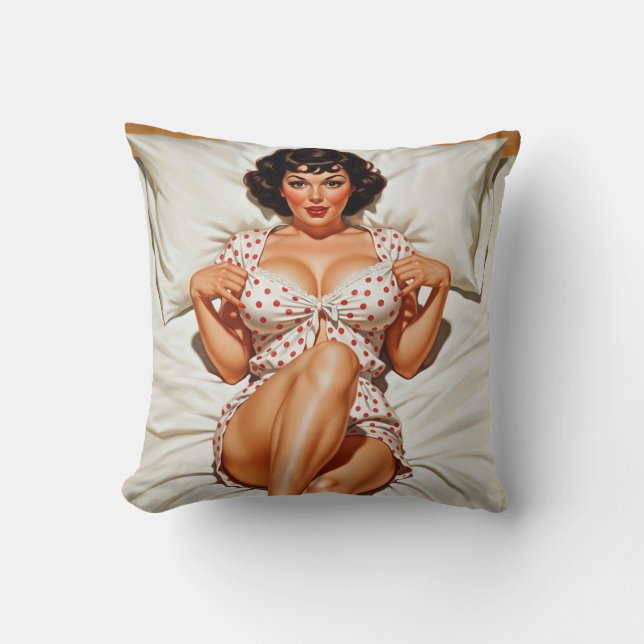 Retro Pin-up Girl with Red Polka Dot PJ's Throw Pillow (Front)