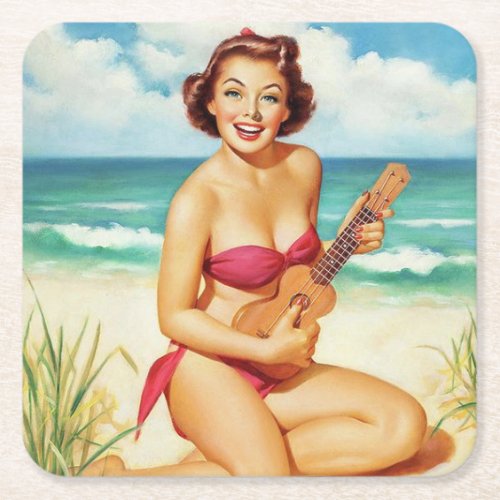 Retro Pin_up Square Paper Coaster