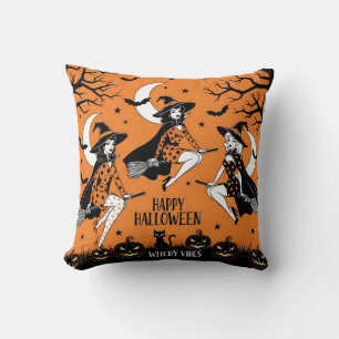 Retro Pin-Up Witches Throw Pillow