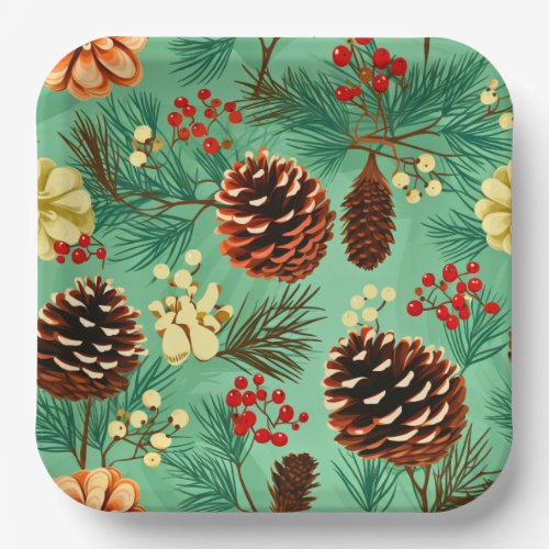 Retro Pine Cones Christmas Large Paper Plates
