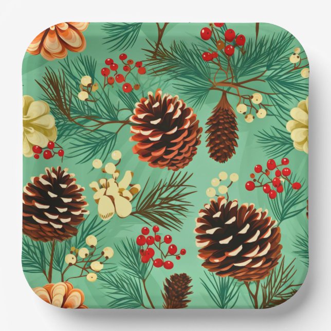 Retro Pine Cones Christmas Large Paper Plates (Front)