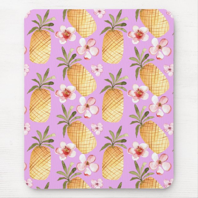 Retro pineapple tropical print on lilac background mouse pad (Front)