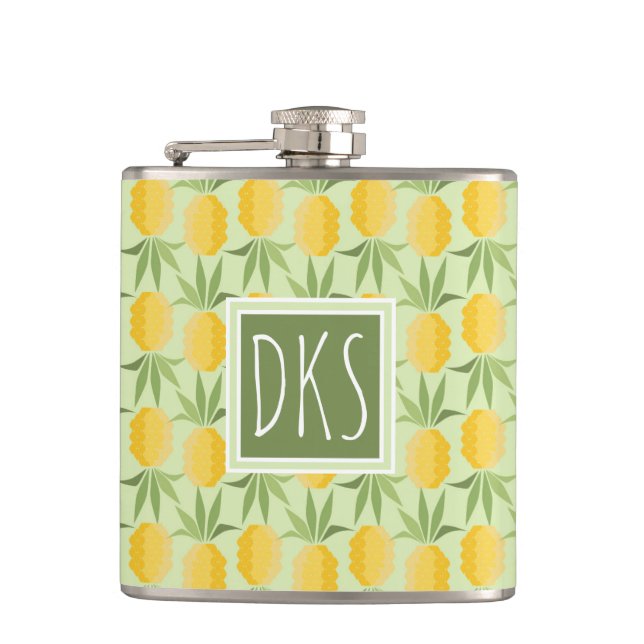 Retro Pineapples | Monogram Hip Flask (Front)