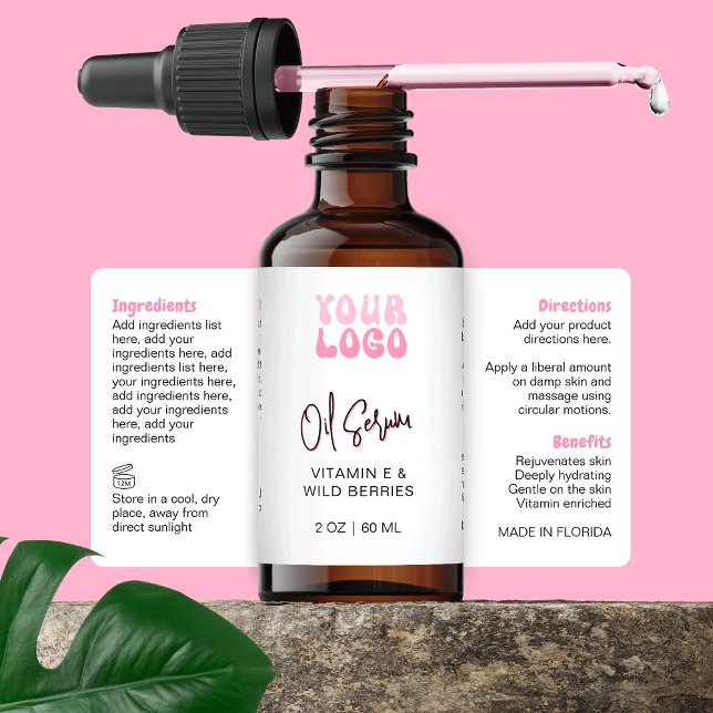 Retro Pink 2oz Dropper Bottle Wraparound Label (Trendy Retro White & Pink 2OZ* cosmetic bottle wrap around label with your logo *verify size)