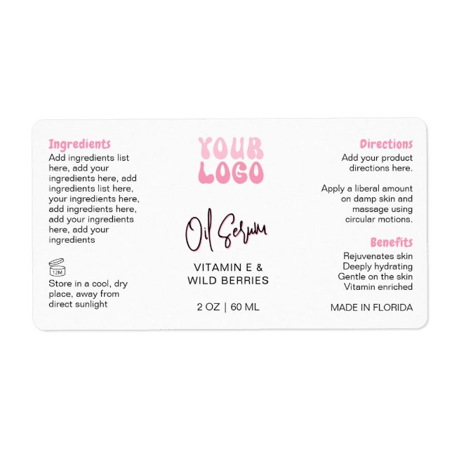 Retro Pink 2oz Dropper Bottle Wraparound Label (Front)