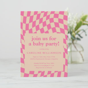 Retro Pink Abstract Checkerboard Baby Shower Invitation
