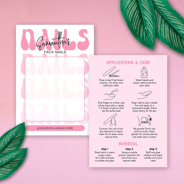Retro Pink Acrylic Nails Care Guide Display Cards (Trendy faux nails display cards with care & application guide on the back)